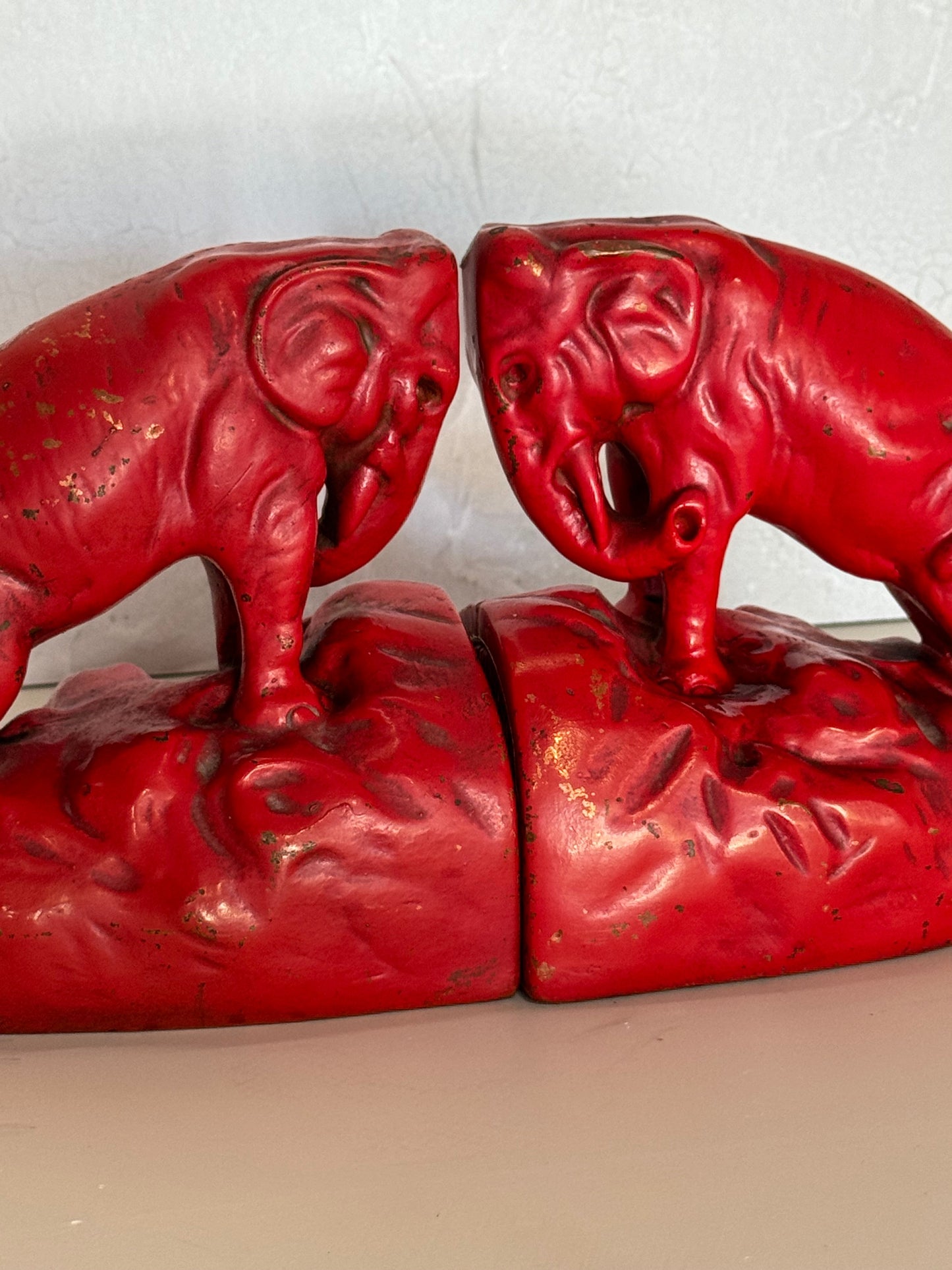 Bronze 1920s Charging Red Elephants Bookends - Curated Home Decor