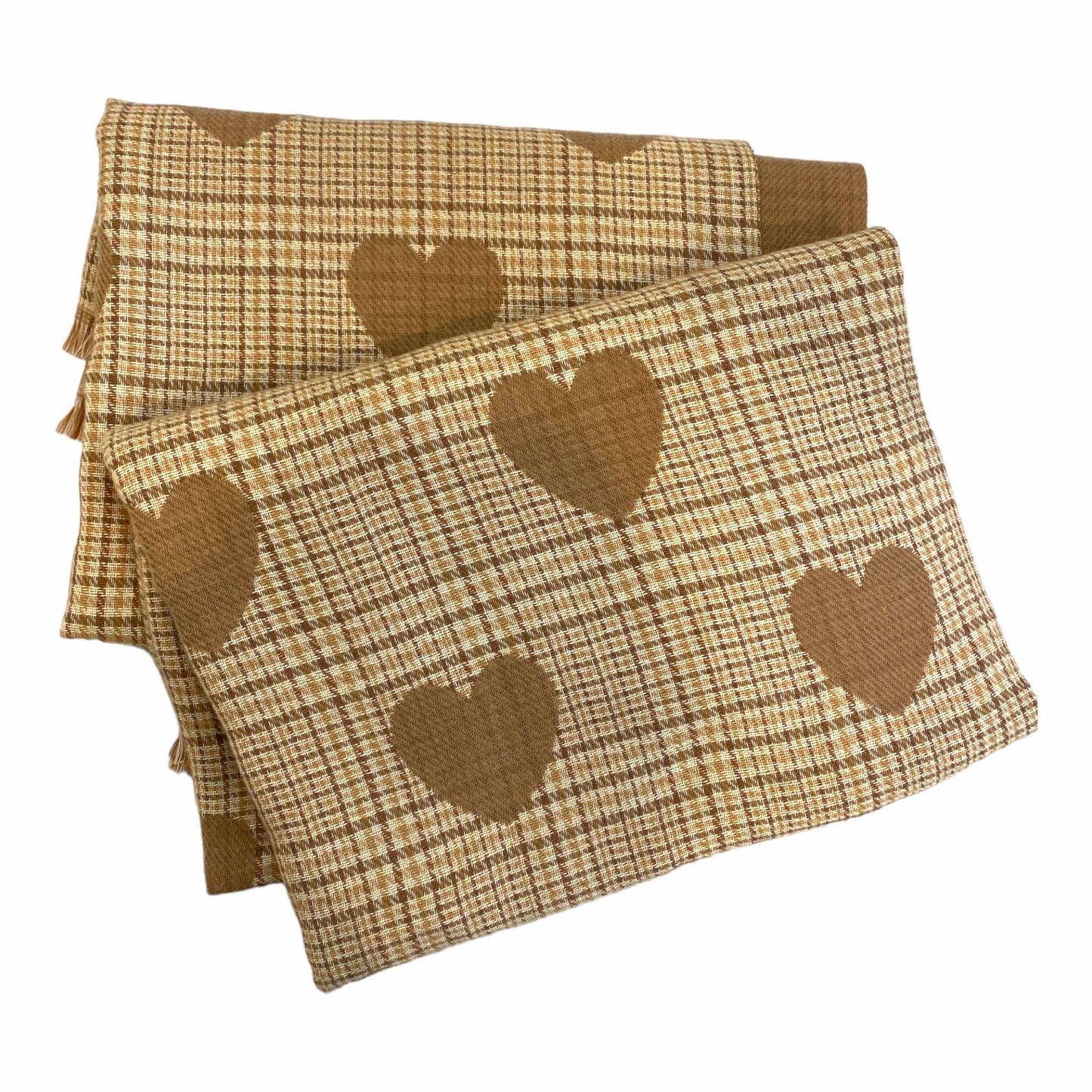 Tan tartan heart shaped plaid check scarf with cozy acrylic fabric