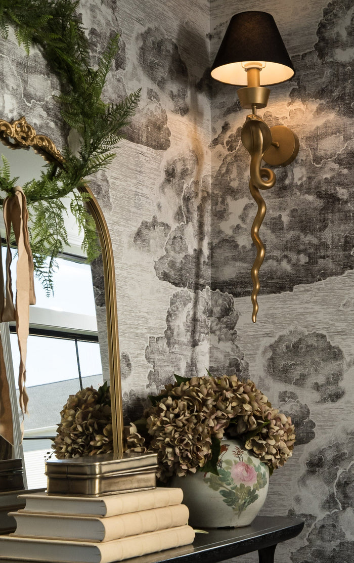 The Snake Sconce – Antique Gold Wall Light with Linen Shade