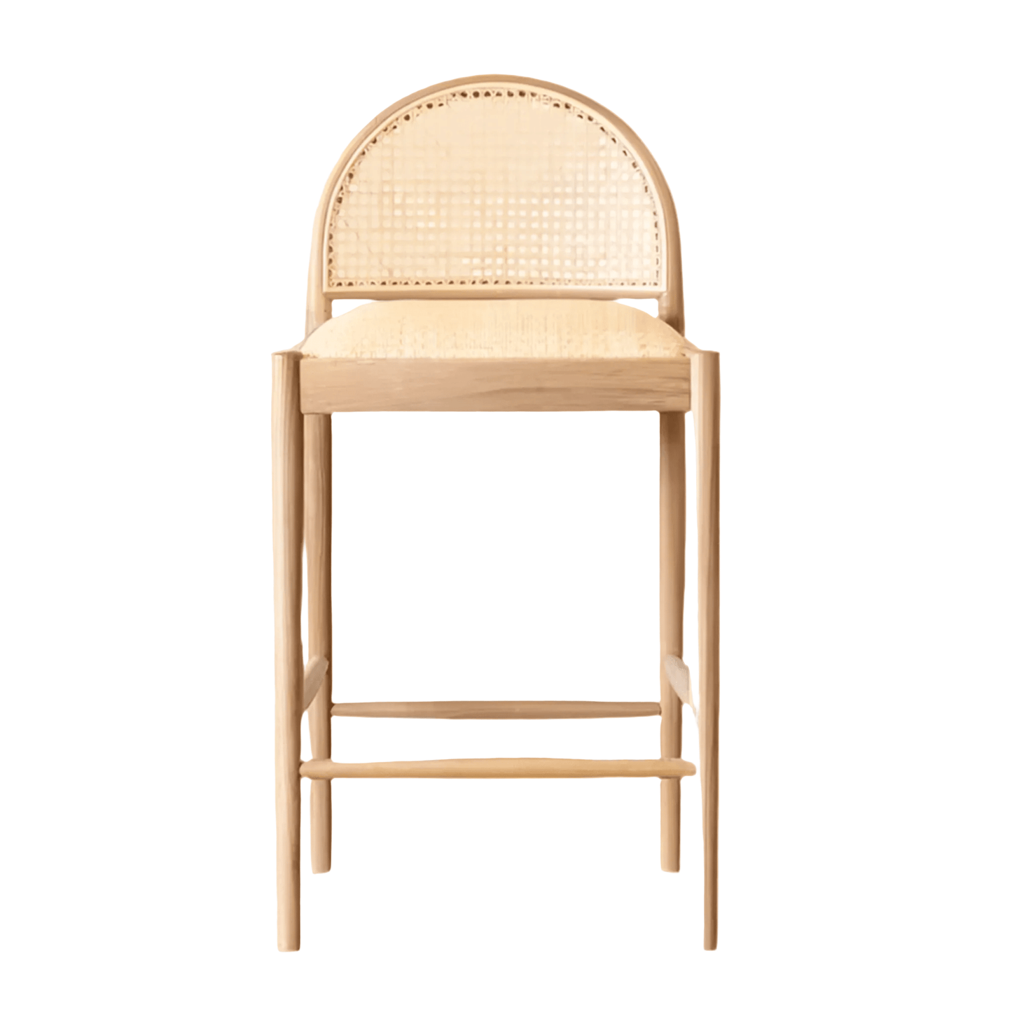 Solano counter stool made of natural oak with handwoven rattan seat and arched cane back, coastal style