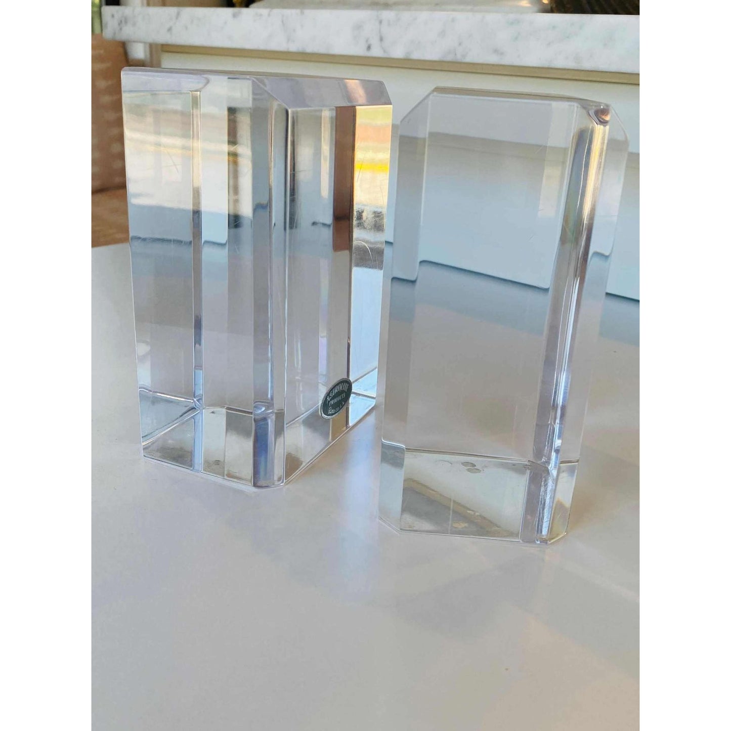 
                  
                    Astrolite beveled thick faceted clear lucite bookends set by Ritts, 6x4x2.75 inches
                  
                