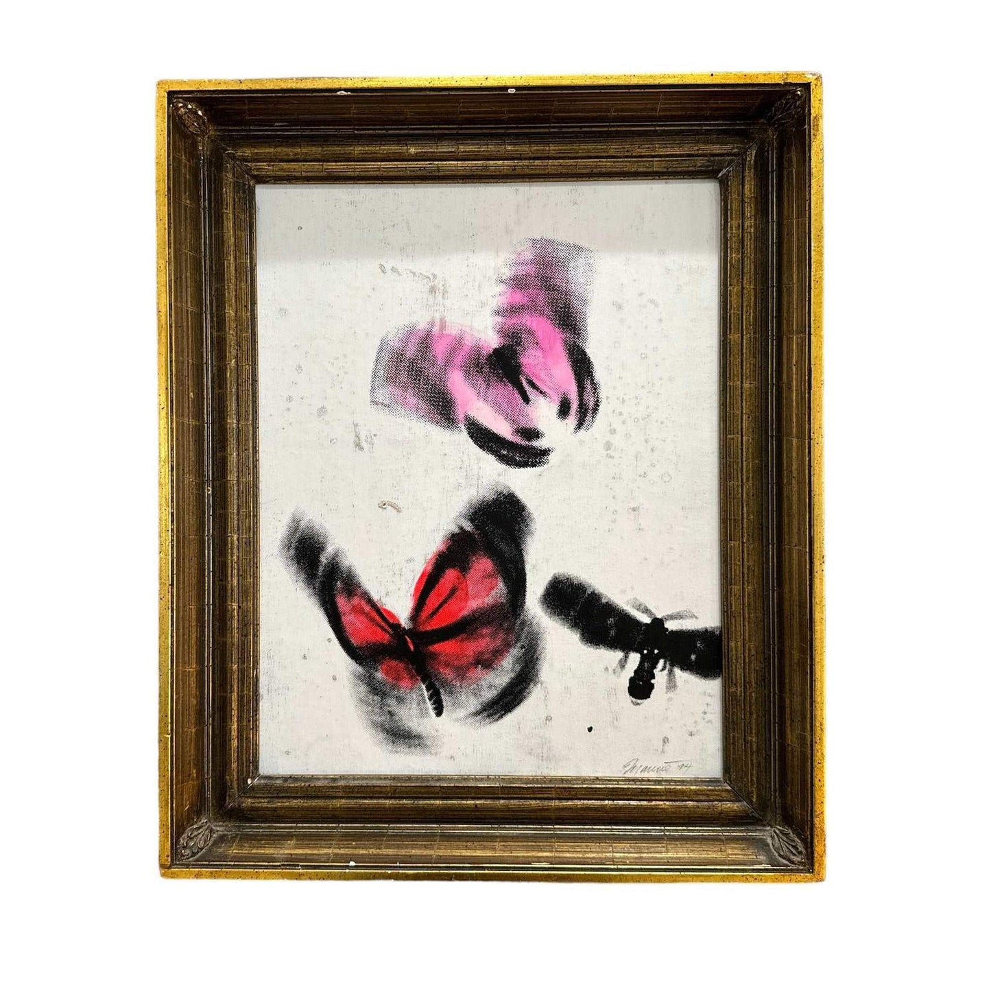 
                  
                    Vintage butterflies painting silkscreen on canvas with pink and black butterflies in gold frame
                  
                