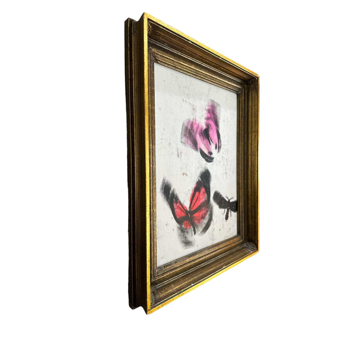 
                  
                    Vintage butterflies painting silkscreen in pink and black on canvas in framed gold wooden frame
                  
                