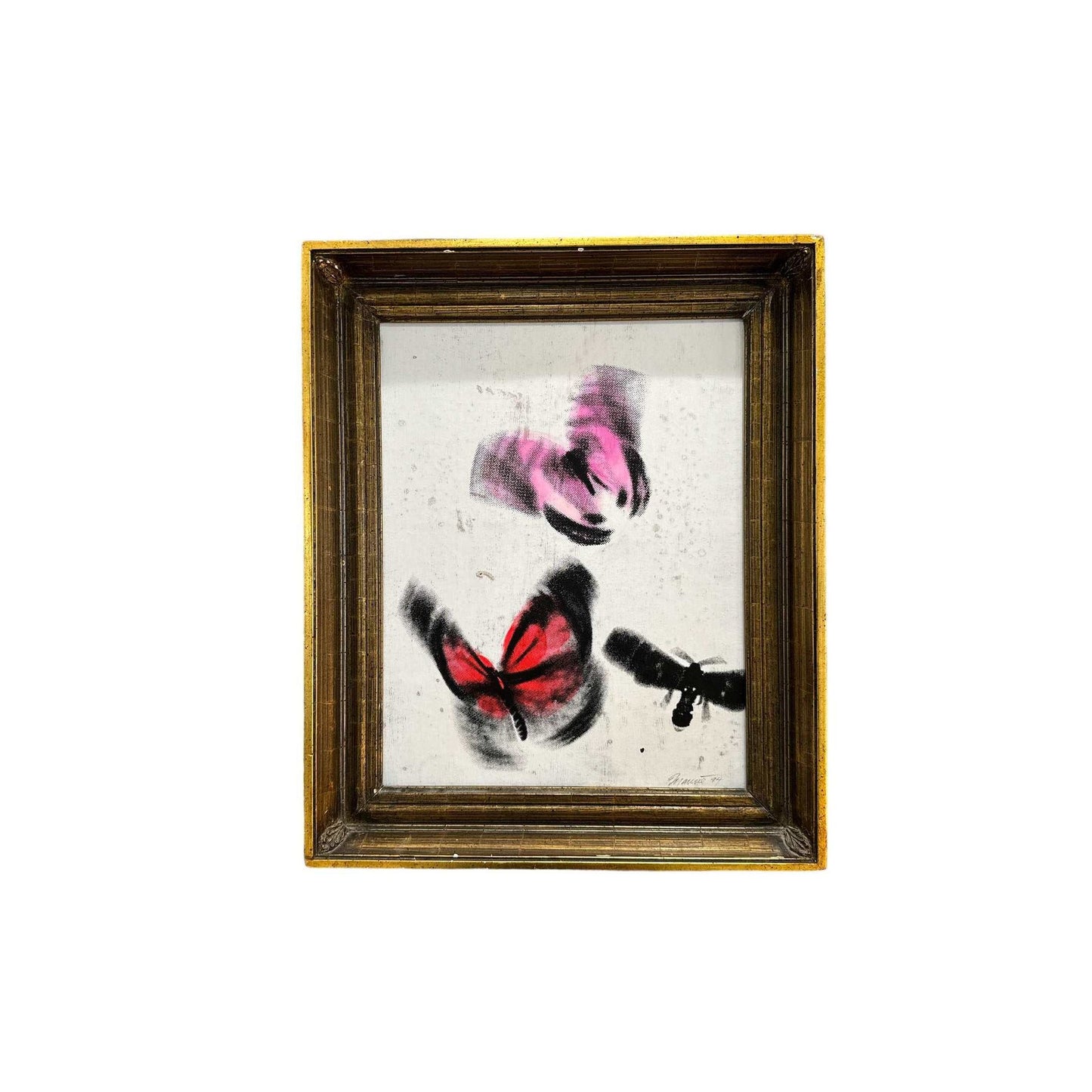 
                  
                    Vintage butterflies painting silkscreen in pink and black on canvas with wooden frame
                  
                