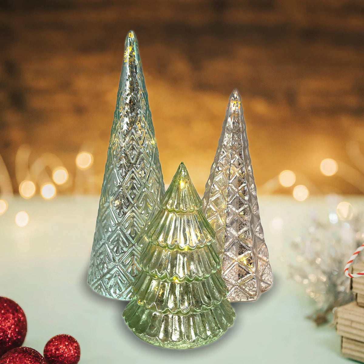 Battery-Operated Green & Silver Glass Trees, Set of 3 - Curated Home Decor