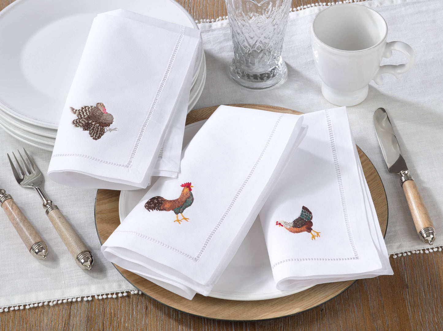 Embr'd Turkey Hemstitch Napkin: White / 20" - Curated Home Decor