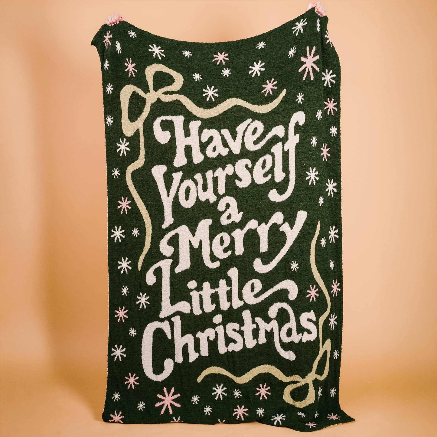 Cozy Dreams Luxe Blanket Merry Little Christmas green holiday throw with festive text and snowflake design