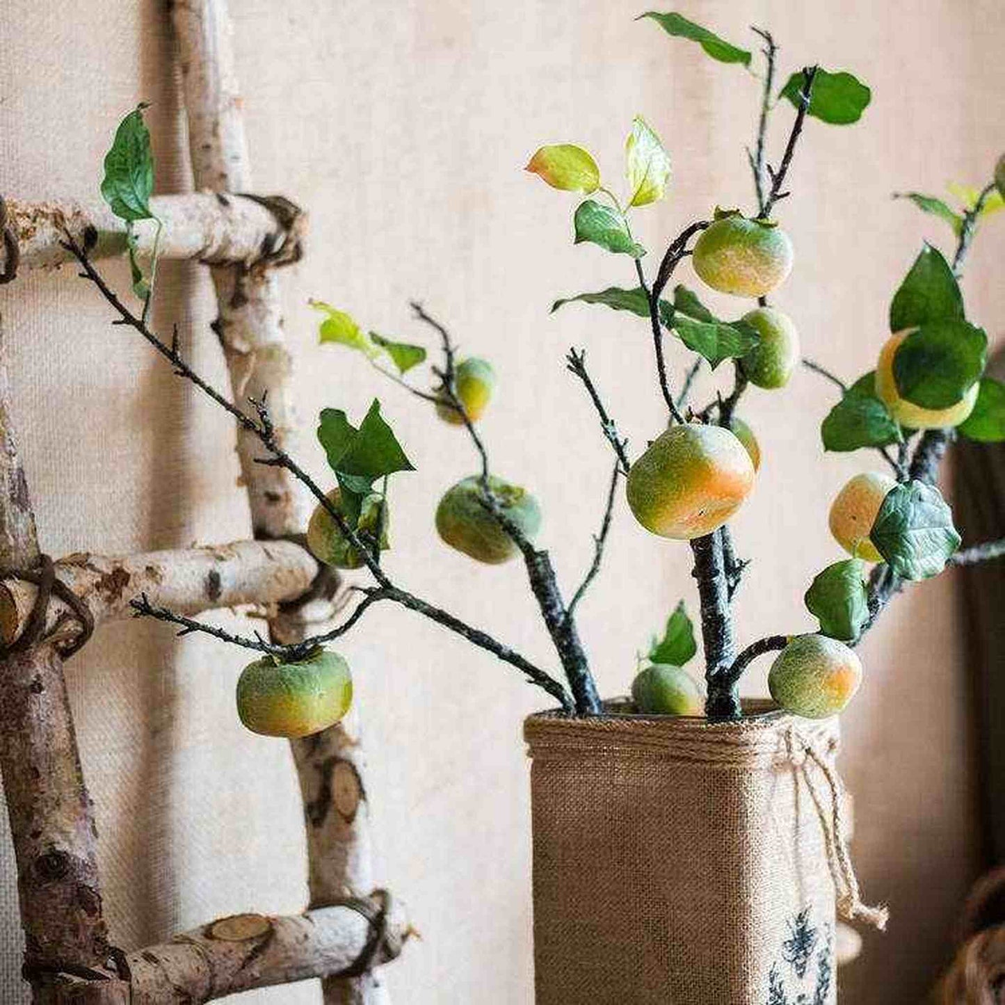 Artificial green persimmon fruit stem 31 inches tall with three stems and four fruits each
