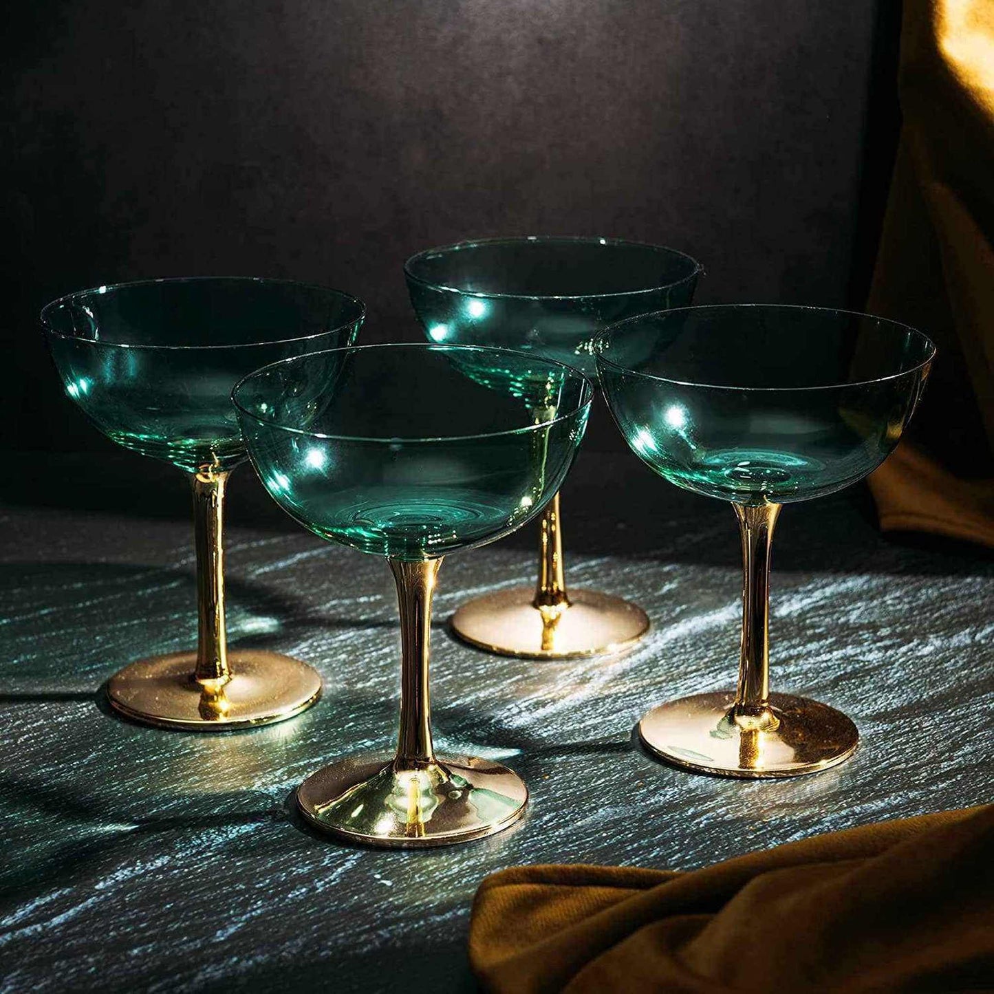 
                  
                    Gold & Green Coupe Art Deco Glasses, Gold | Set of 4 - Curated Home Decor
                  
                
