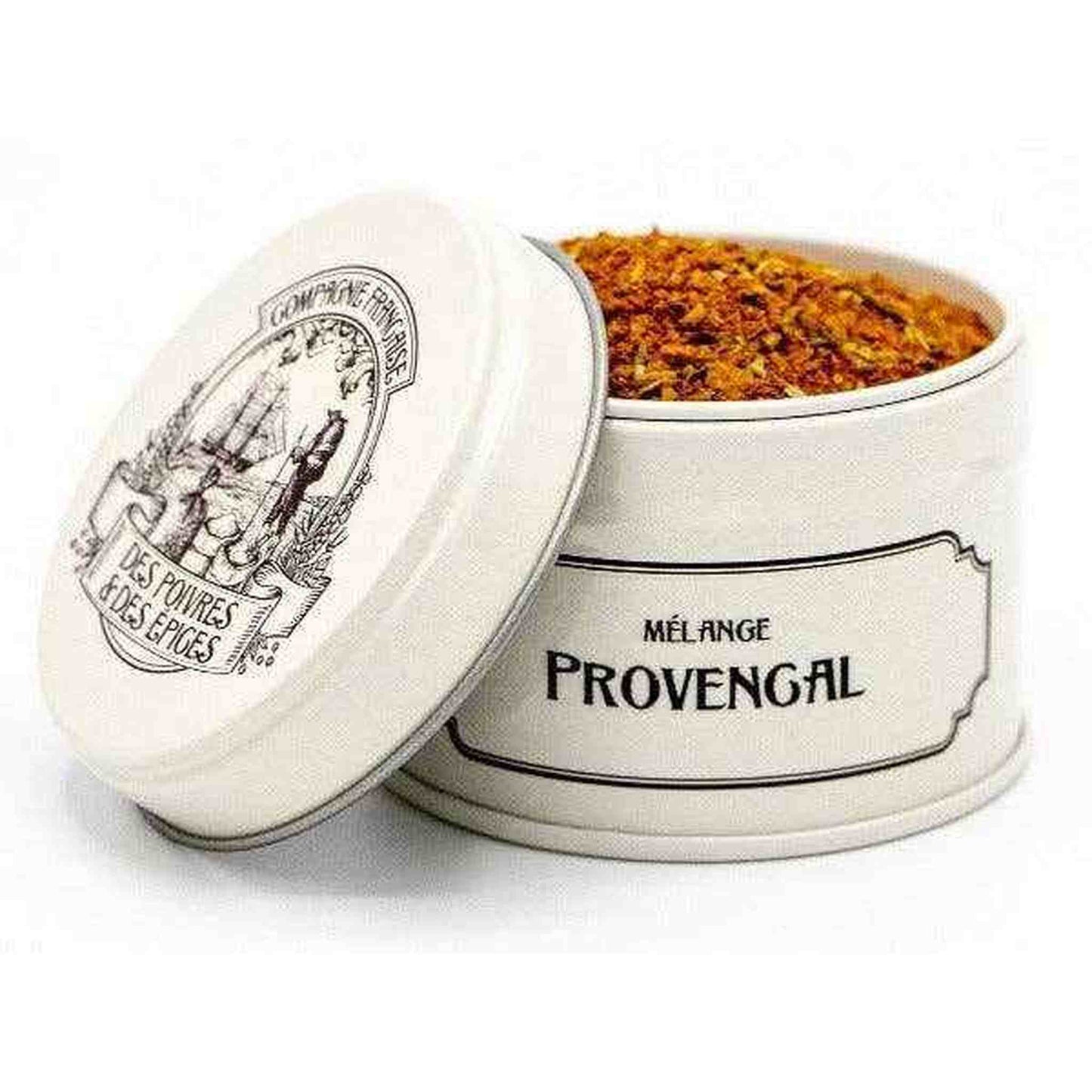 Provencal blend spice mix in white ceramic jar with aromatic Mediterranean herbs and spices