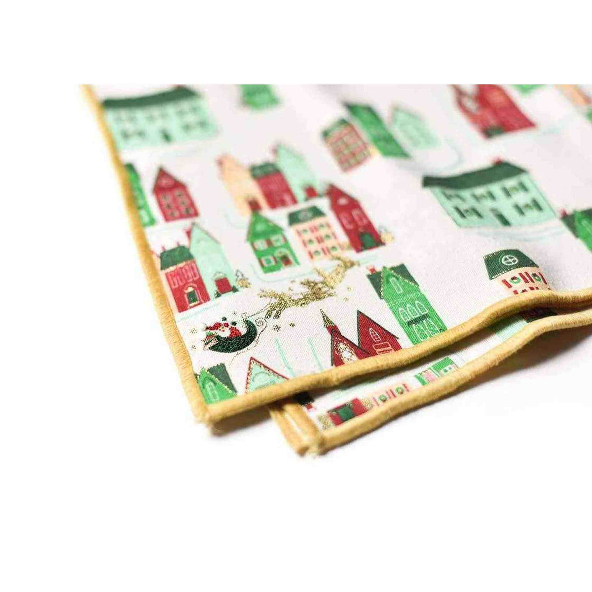
                  
                    Set of 4 Flying Santa Dinner Napkins with vintage holiday house pattern and gold stitched border on soft linen fabric
                  
                