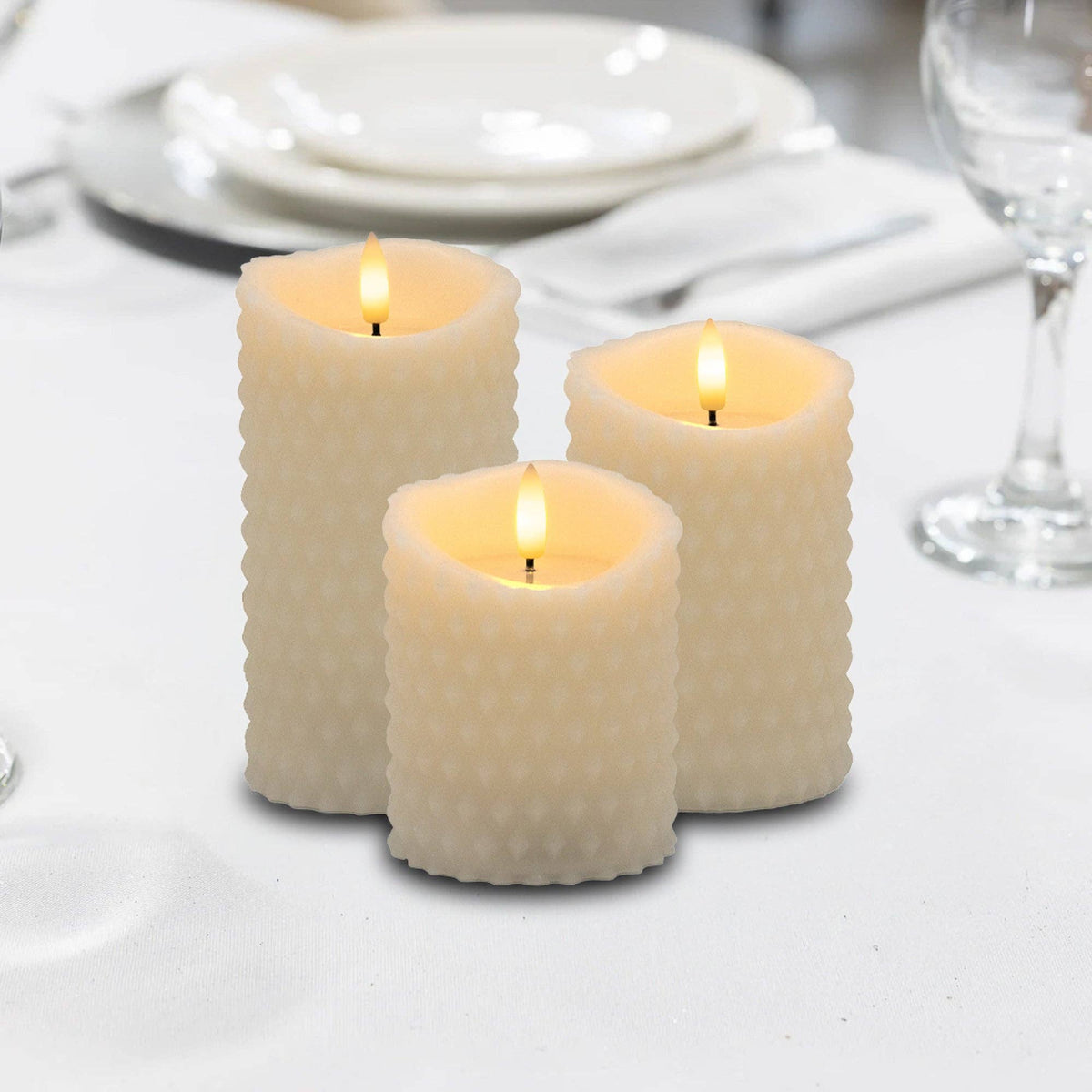 
                  
                    Battery-Operated Textured Candles, Set of 3 - Curated Home Decor
                  
                