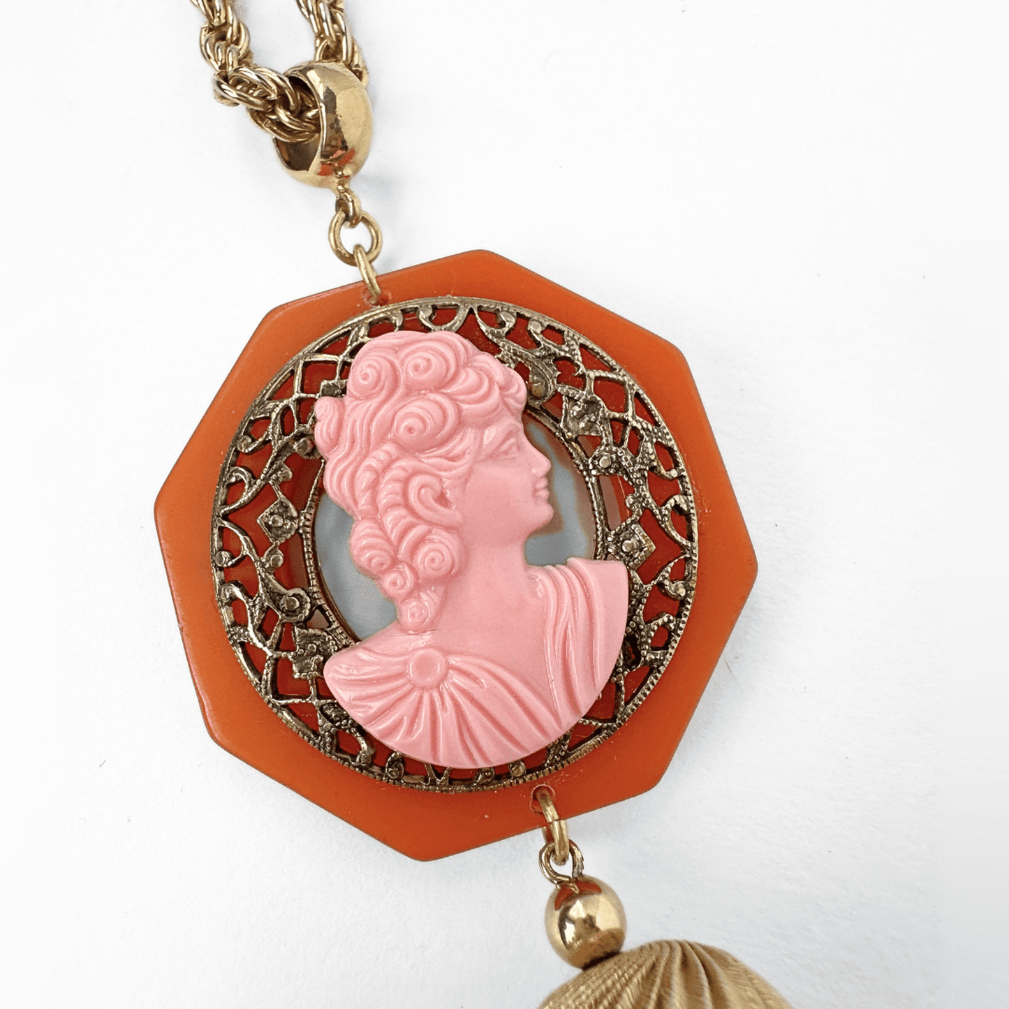 
                  
                    Pink and Orange Bakelite Vintage Cameo Pendant Necklace Charm - Curated Home Decor
                  
                