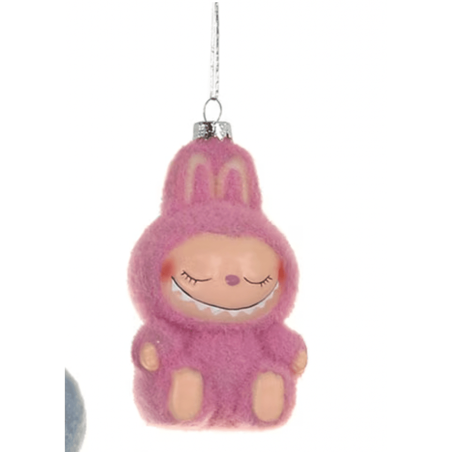 4" Glass Sleeping Monster Ornament in pink fuzzy costume with closed eyes and hanging loop