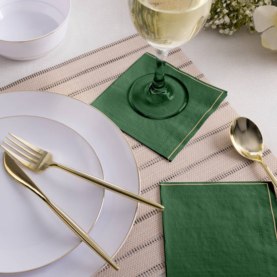 Emerald with Gold Stripe Paper Cocktail Napkins | pack of 20