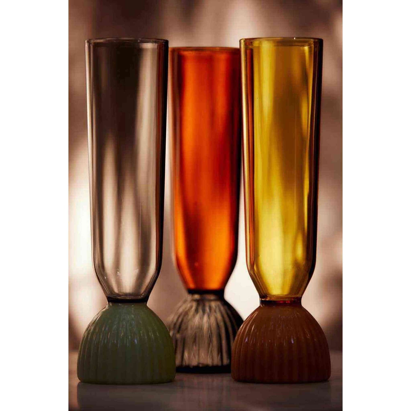 Set of 2 Smoke Kairos Champagne Flutes with scalloped base and clear crystal-like glass design