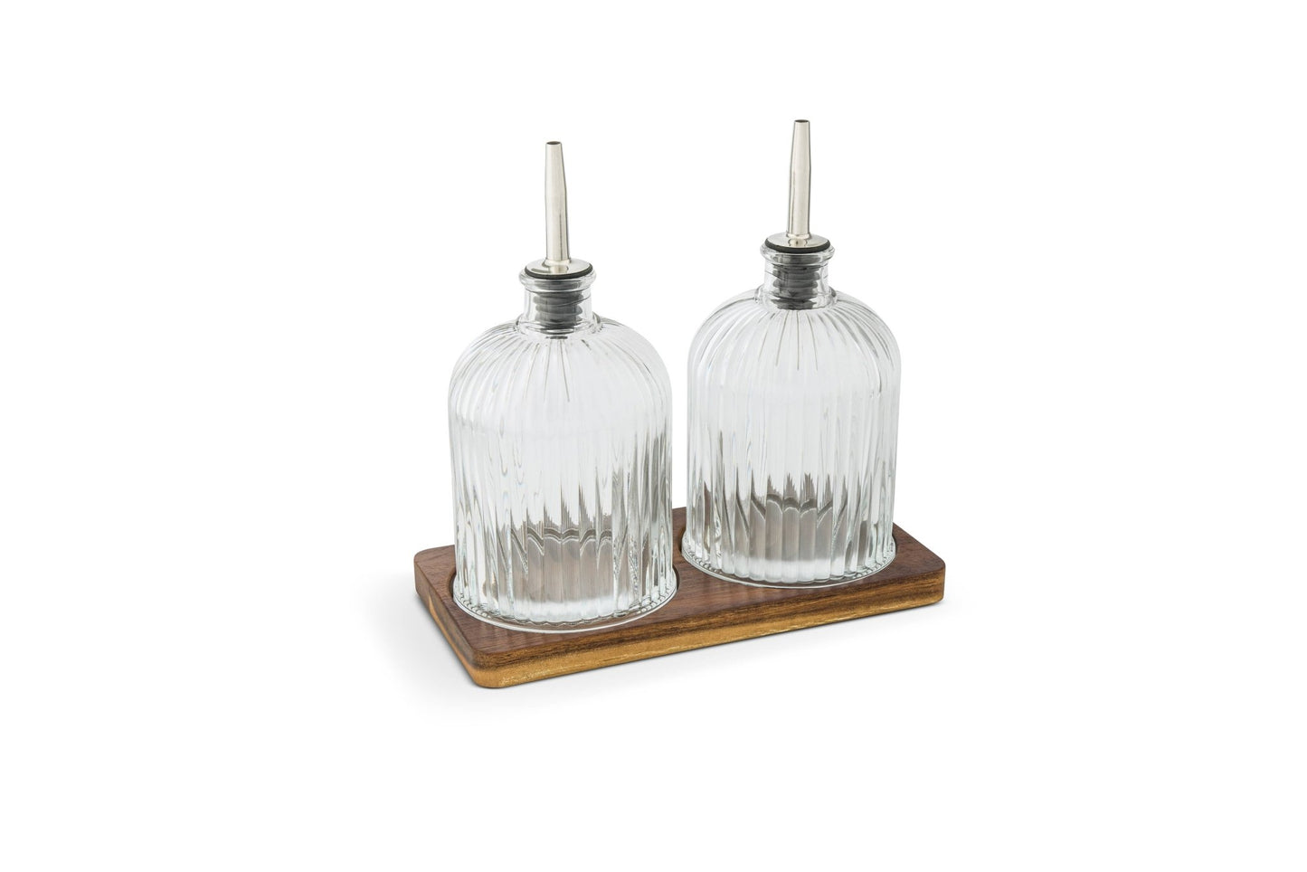 Fluted Glass Cruet Set with Acacia Base — Oil & Vinegar - Curated Home Decor