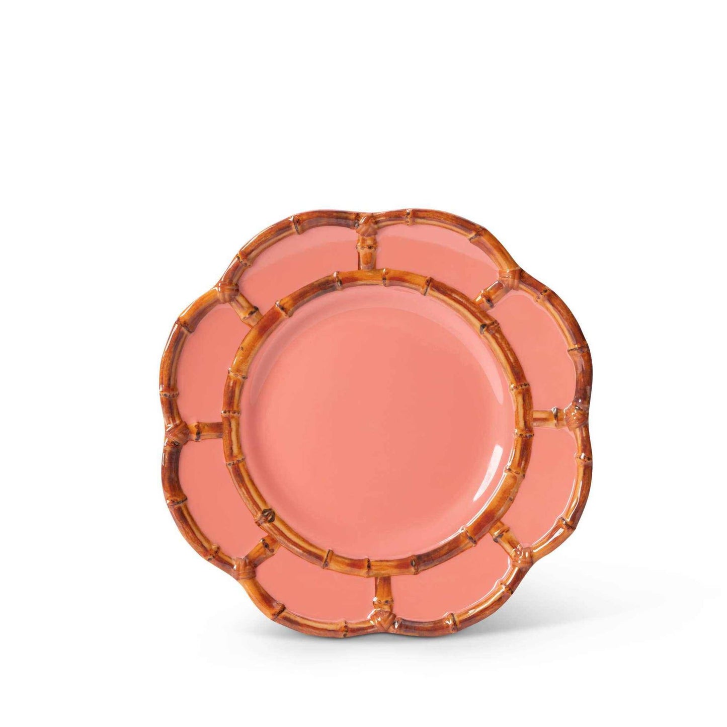 8.75-inch salmon pink melamine side plate with scalloped bamboo rim