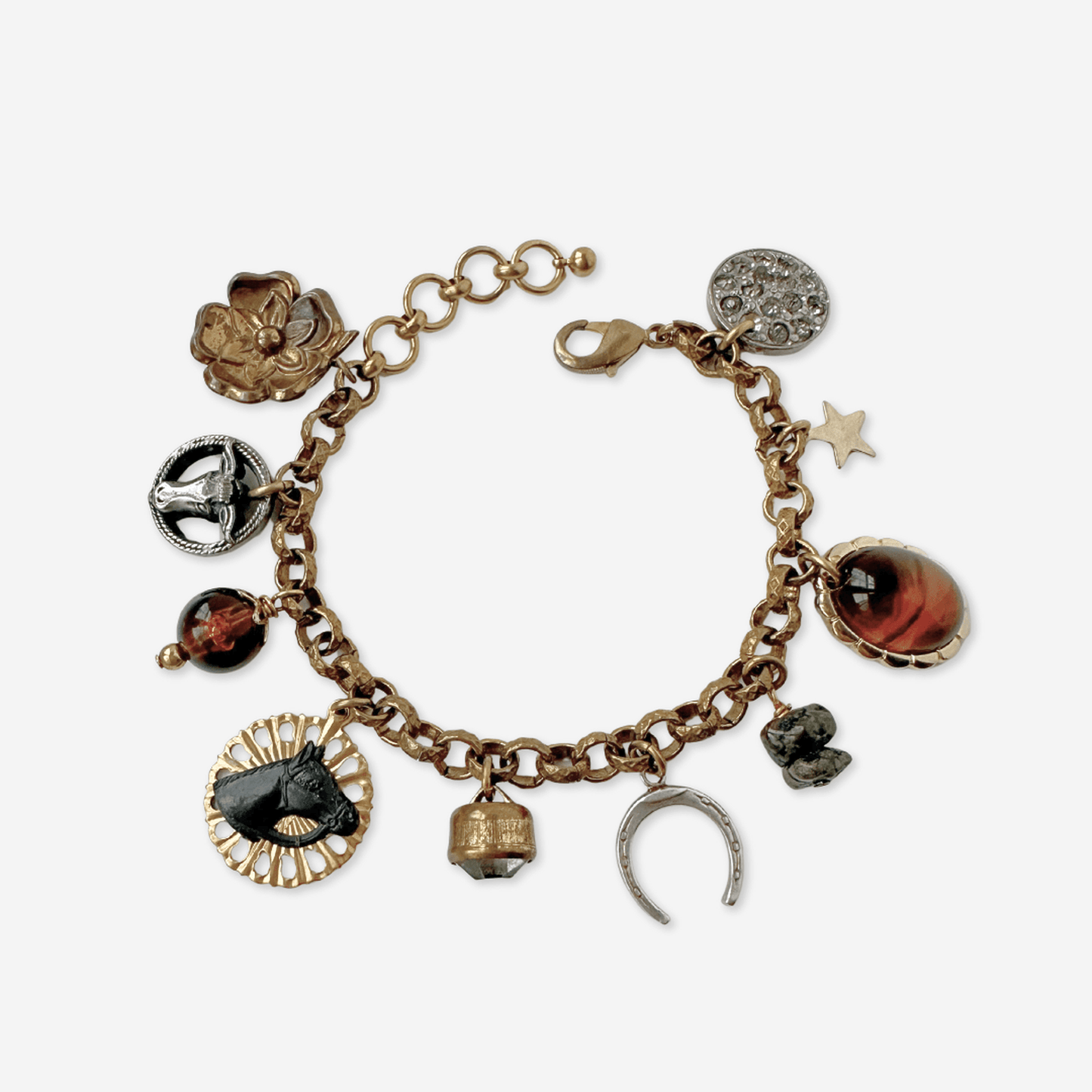 Repurposed vintage western-themed charm bracelet with brass chain and unique buttons and beads