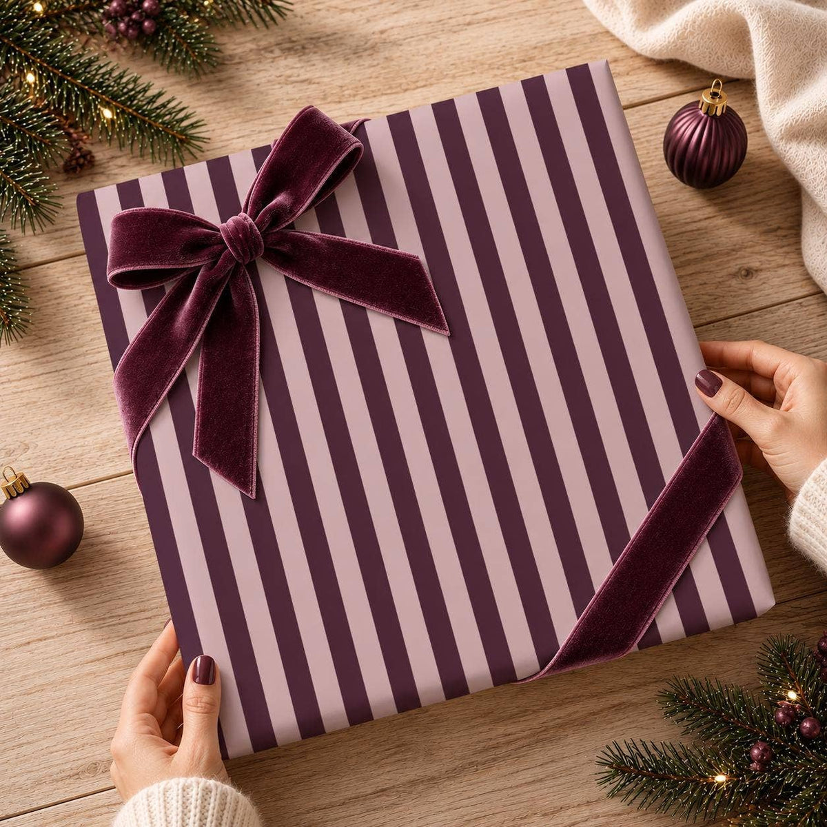 
                  
                    Plum & Dusty Pink Stripe Christmas Wrapping Paper – 15 ft Roll - Curated Home Decor
                  
                