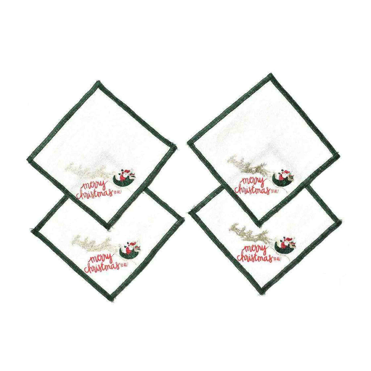 
                  
                    Set of 4 Flying Santa Cocktail Napkins with green trim and Christmas design, 5x5 inches
                  
                
