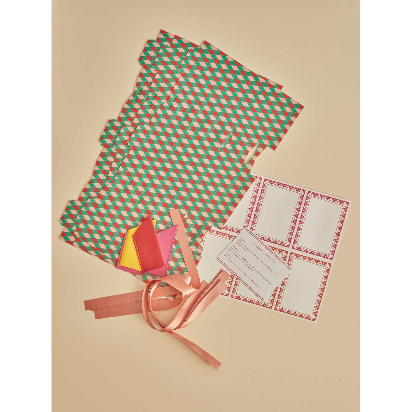 DIY Cracker Kit Harlequin with patterned sheets, ribbons, party hats, and joke slips for festive holiday crafting