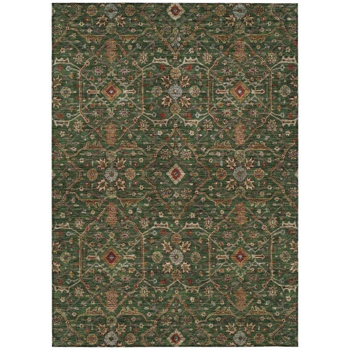 Zara Green Washable Rug with vintage-inspired detailing for indoor and outdoor use