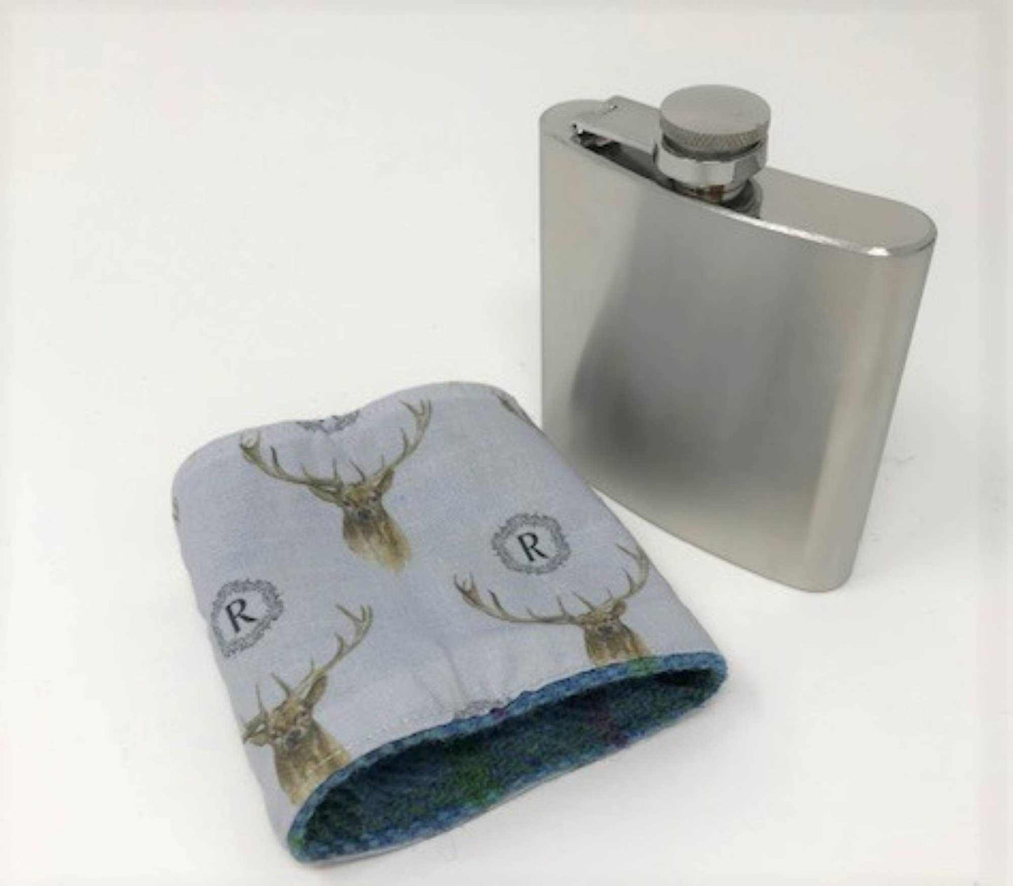 6oz stainless steel hip flask with removable Harris Tweed Royal Stewart tartan jacket and deer design lining