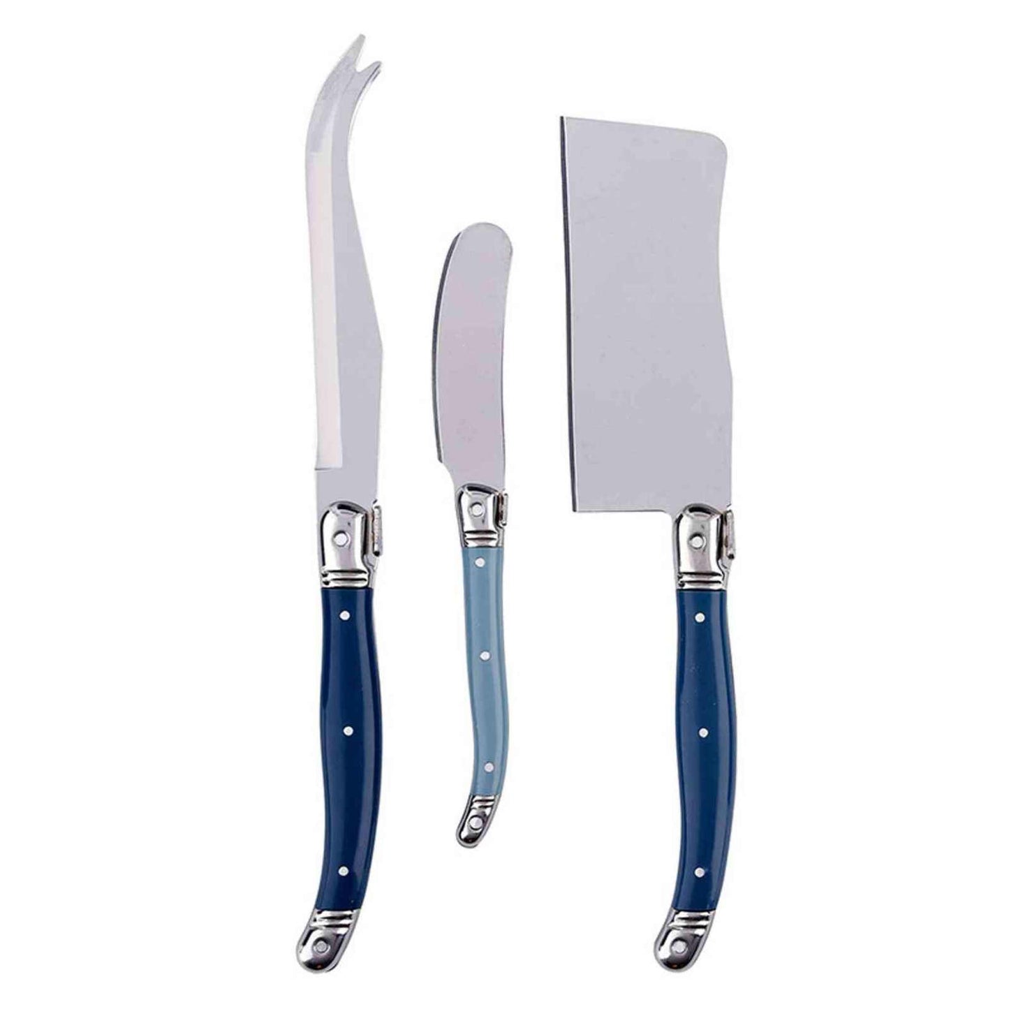 Set of three blue charcuterie knives with stainless steel blades for slicing and spreading cheese