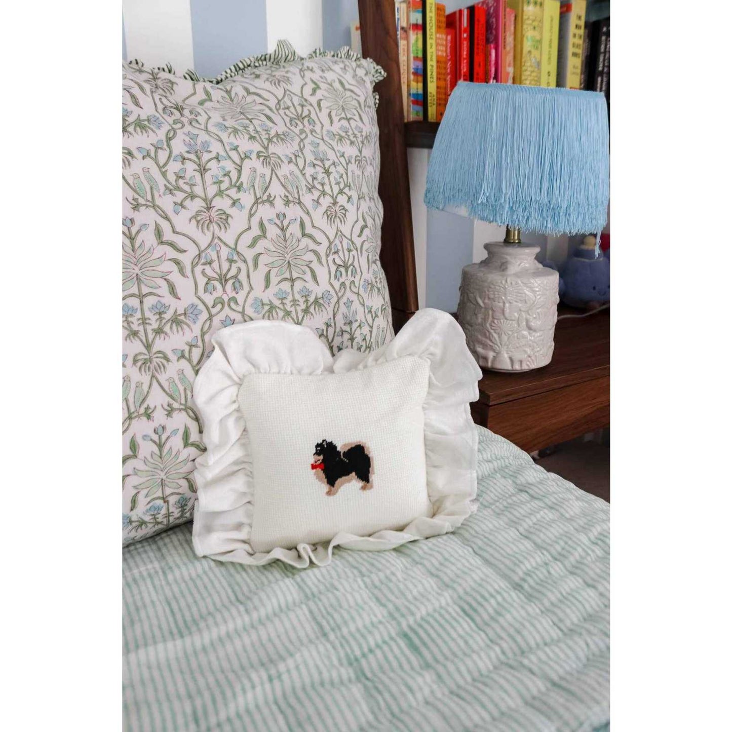 
                  
                    Ruffled Pomeranian Needlepoint Pillow 10” White - Curated Home Decor
                  
                