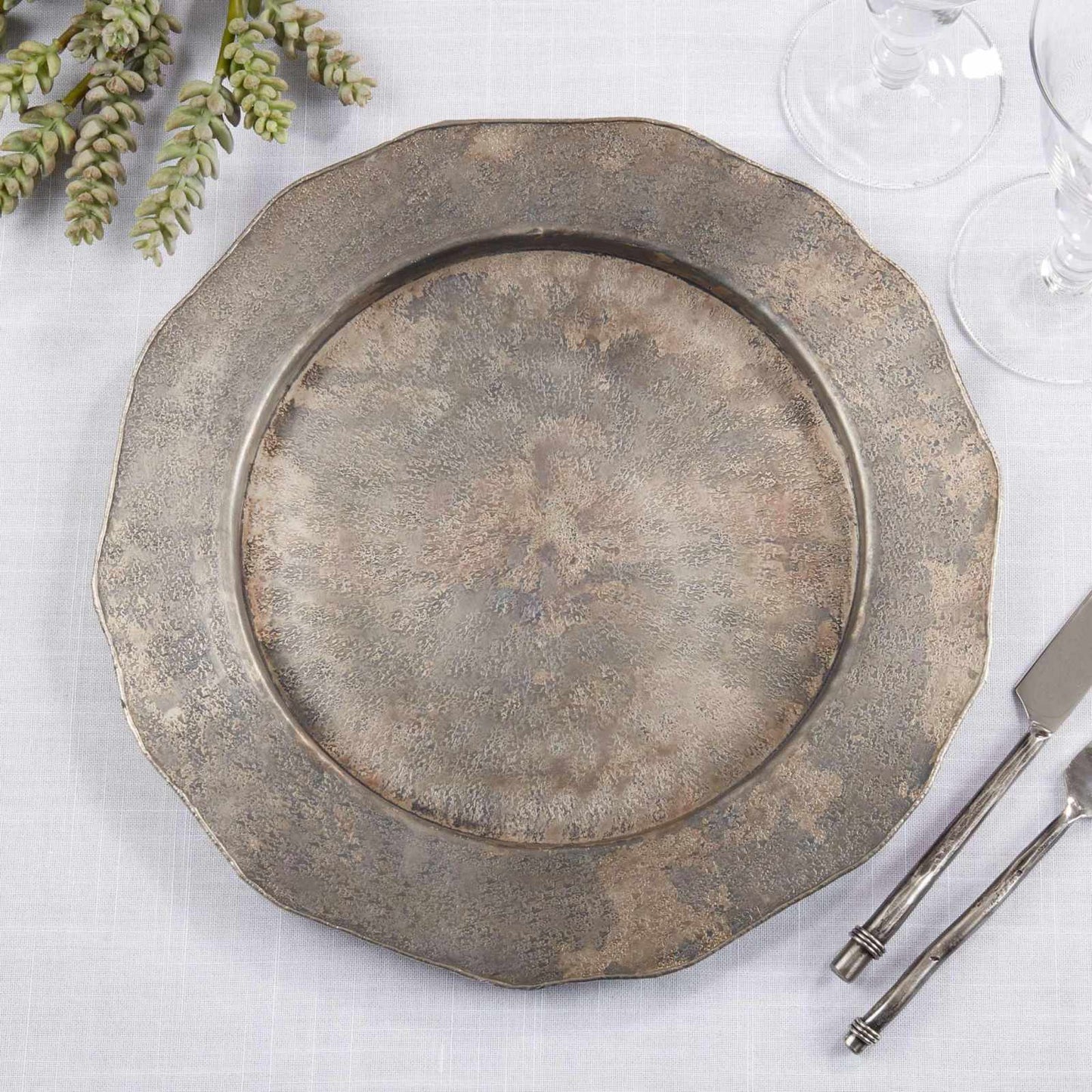 
                  
                    Scallop Edge Hammered Charger: Silver / 13" - Curated Home Decor
                  
                
