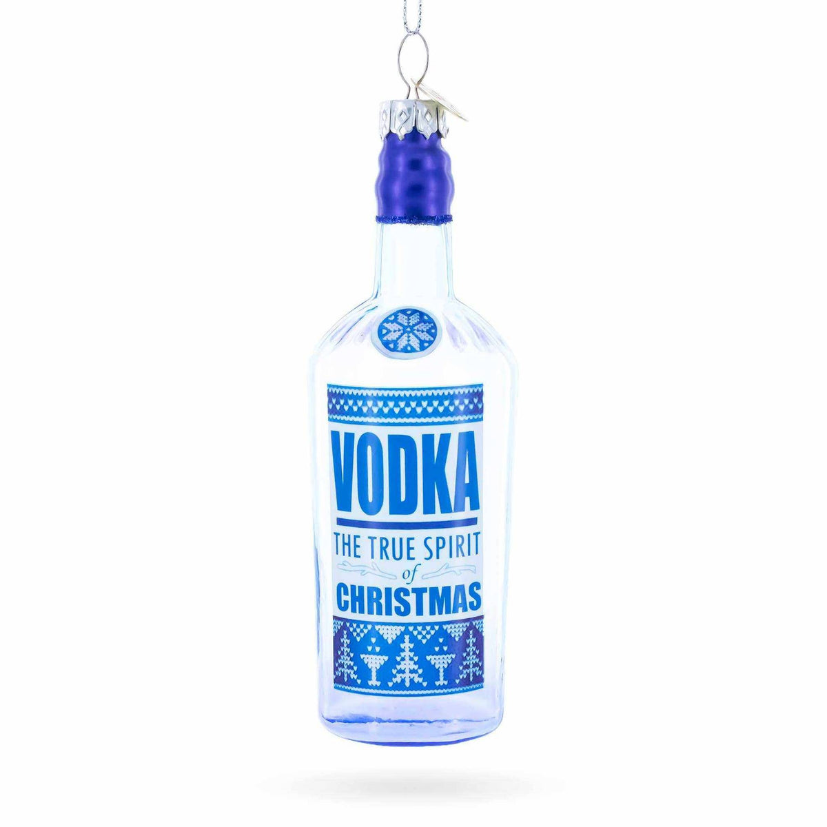 
                  
                    Hand-painted vodka bottle glass ornament with festive Christmas design and hanging cord
                  
                
