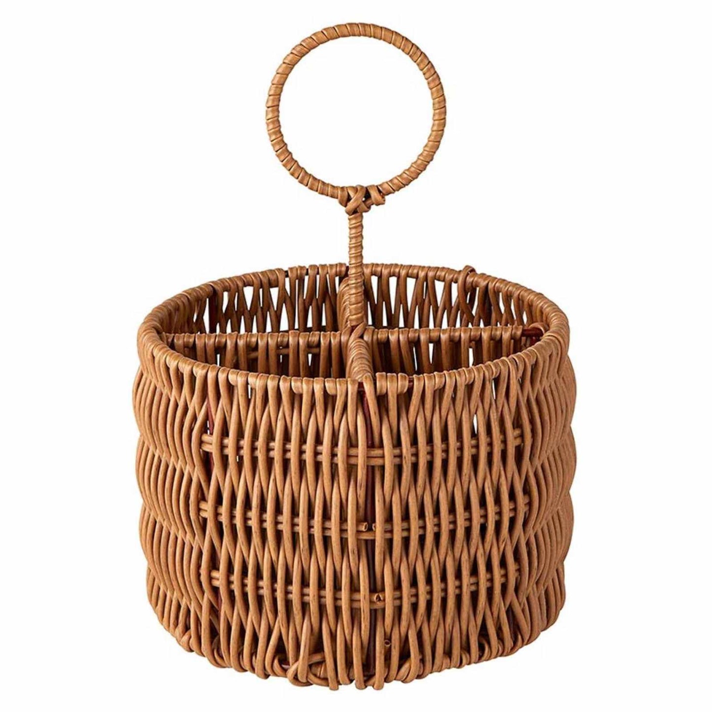 Handcrafted wicker utensil caddy with four compartments, durable resin and iron frame, natural color variations, ideal for indoor and outdoor dining.