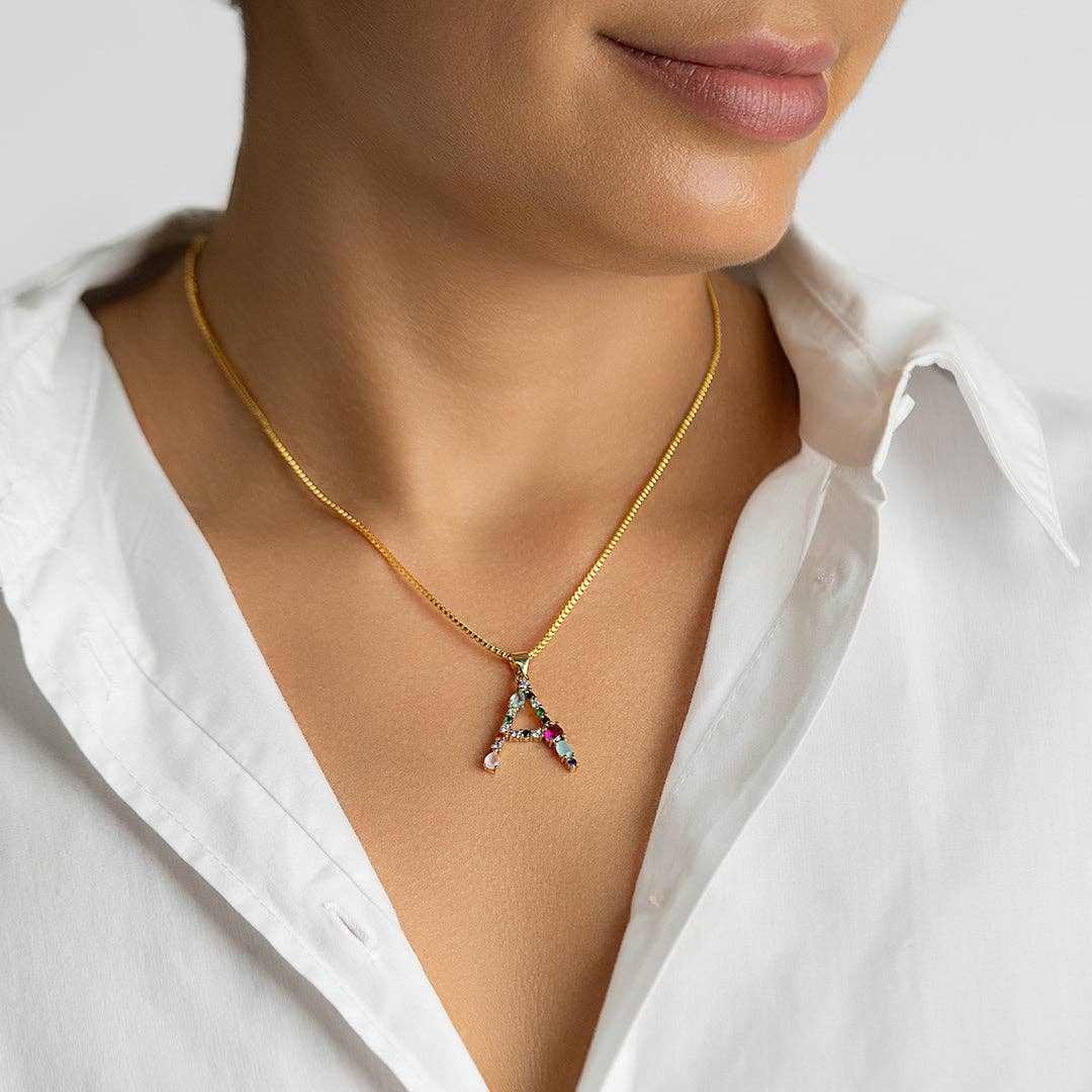 14K Gold Plated Multi Color Stone Initial Necklace - Curated Home Decor