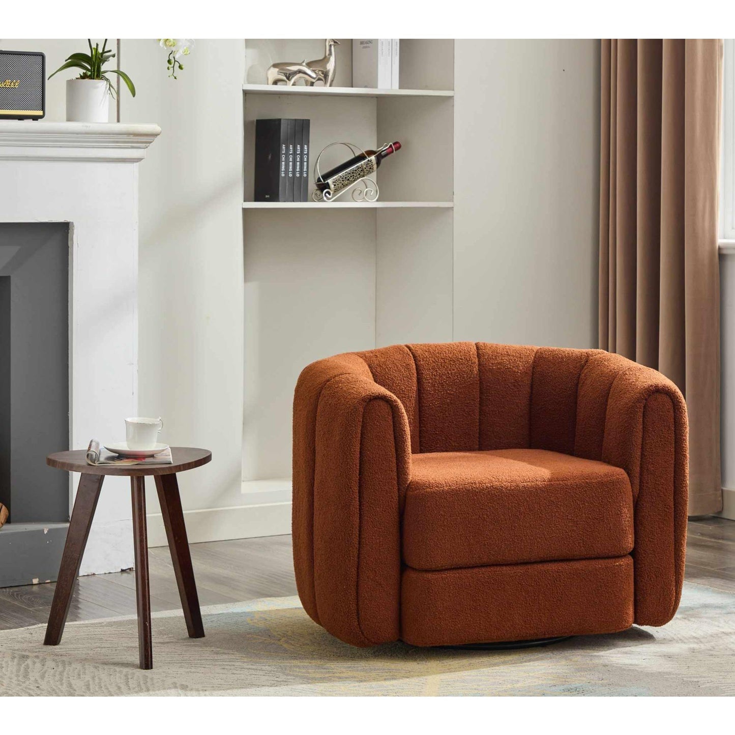 Brown teddy fabric swivel accent barrel chair with modern rounded arms in living room setting