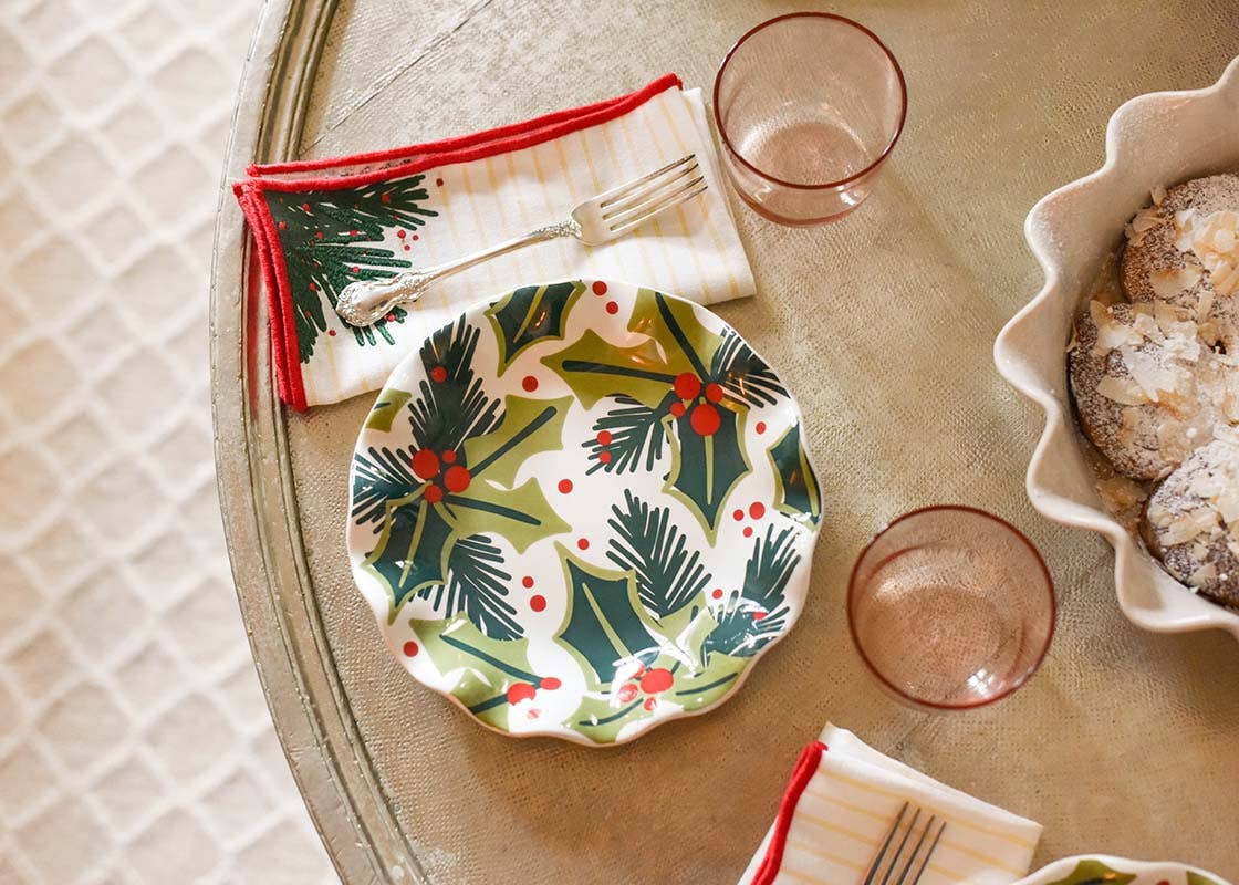 Holly Ruffle Salad Plate with festive holly and berries design and ruffled rim on holiday table setting