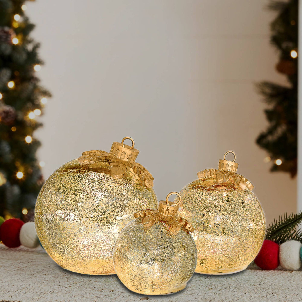 
                  
                    Battery-Operated Glass Tabletop Ornaments, Gold, Set of 3 - Curated Home Decor
                  
                