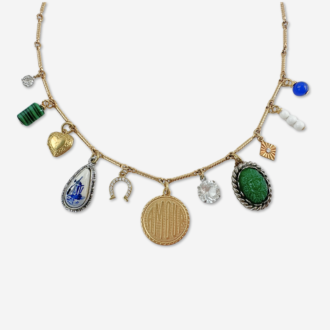 Repurposed Vintage Green Religious Charm Necklace