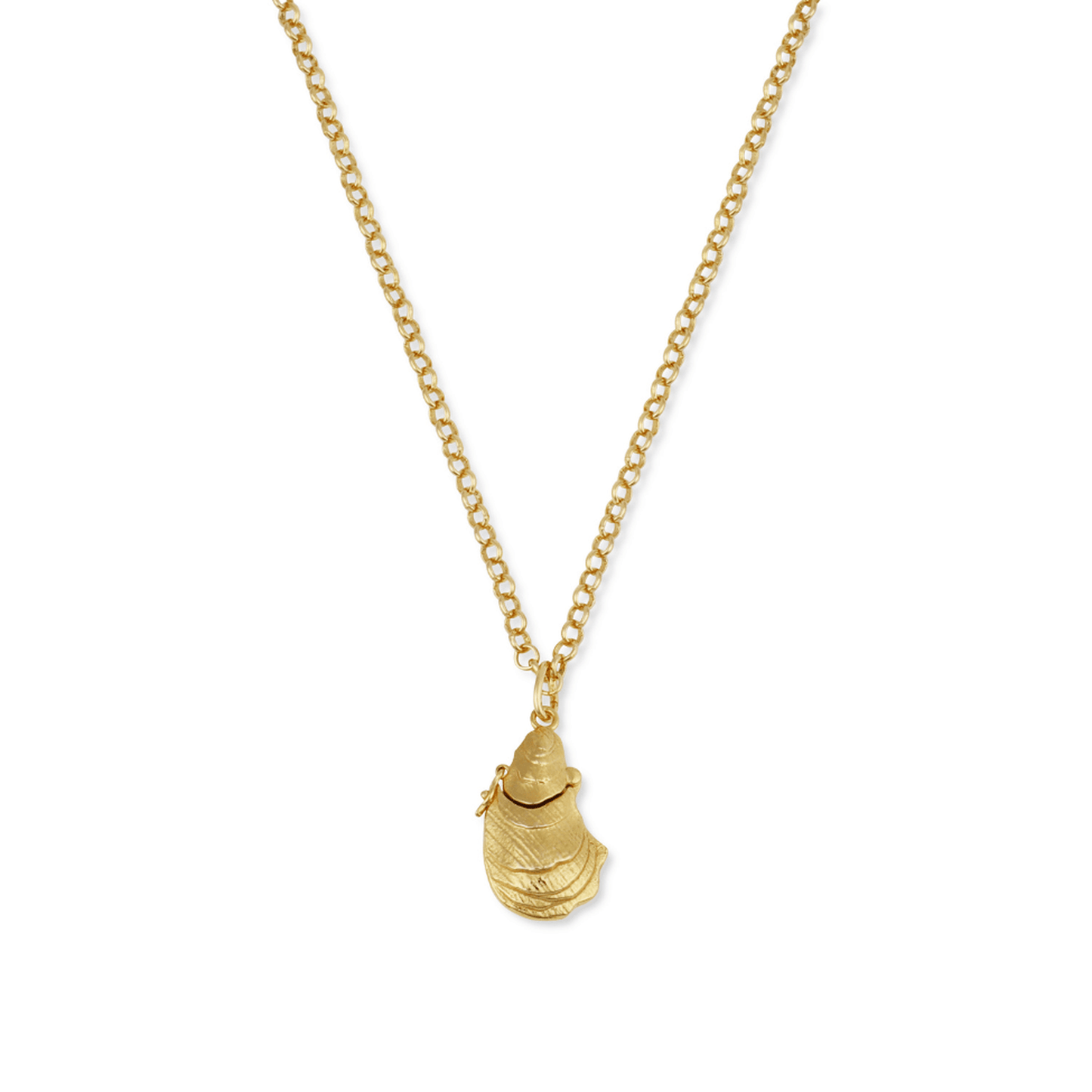 18K gold-plated Oyster Vesta Case necklace with sliding charm on a 22" Mini Belcher chain
