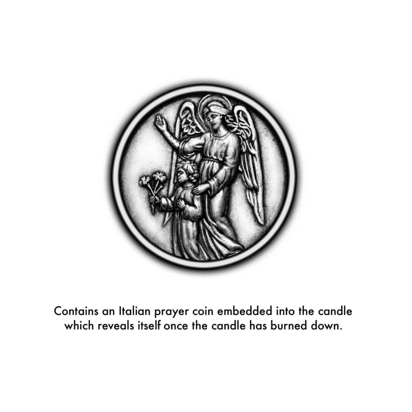 Ex-Voto Sacred Heart candle with Tonka Rose fragrance and embedded Italian prayer coin featuring angel design