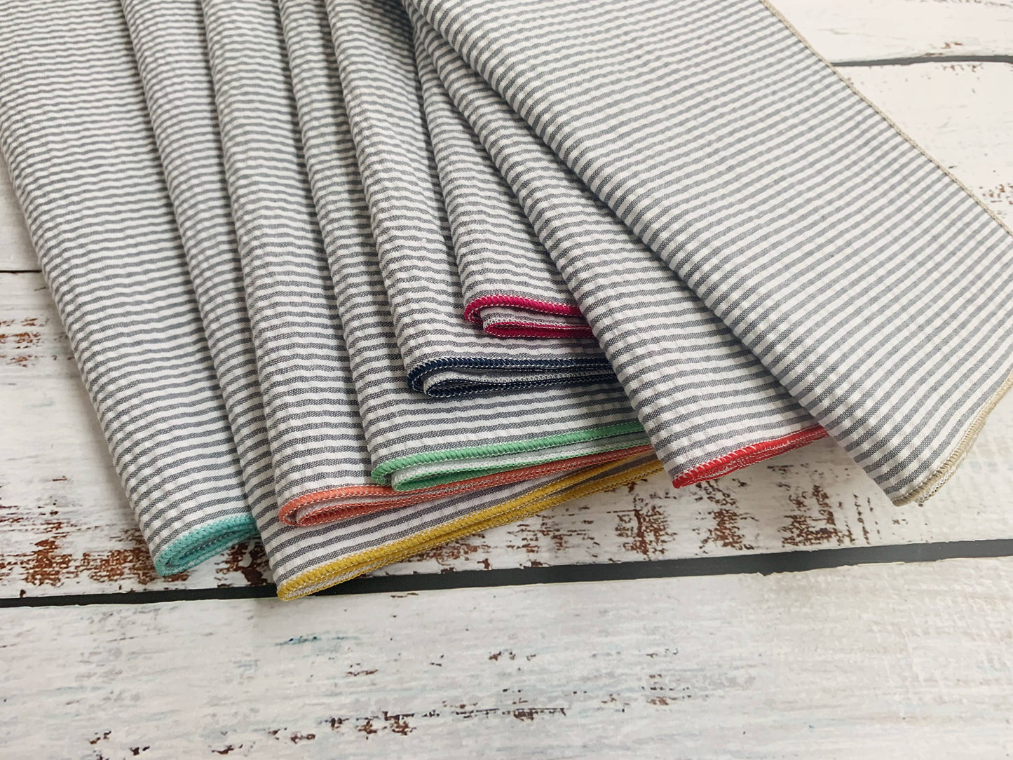 Grey Seersucker Cloth Napkins with Colorful Edges, set of 8 - Curated Home Decor