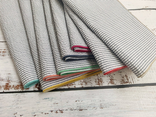 Grey Seersucker Cloth Napkins with Colorful Edges, set of 8 - Curated Home Decor