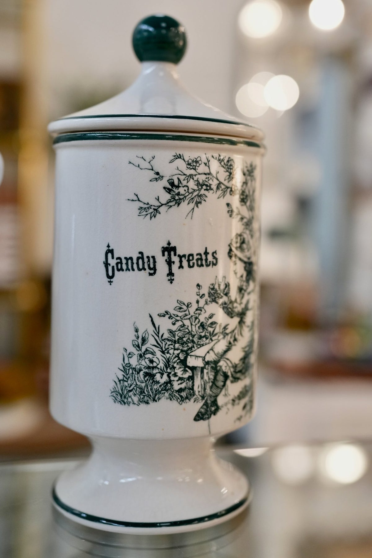 Vintage Candy Treats Ceramic Apothecary Jar with Green Toile-Style Print - Curated Home Decor