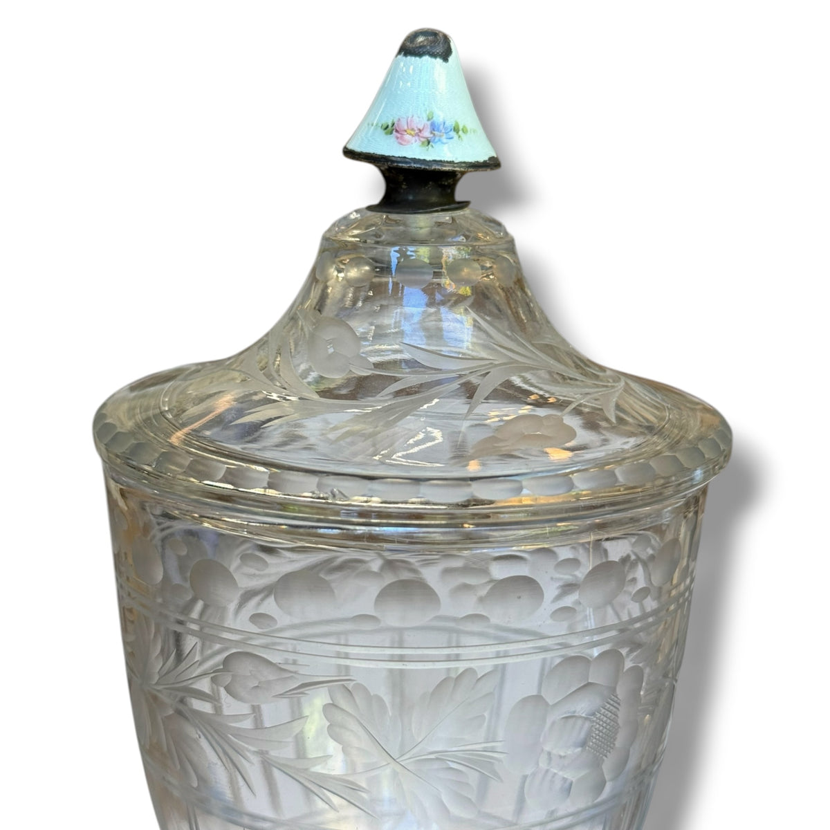 
                  
                    Vintage Etched Glass Footed Covered Jar with Enamel Finial - Curated Home Decor
                  
                