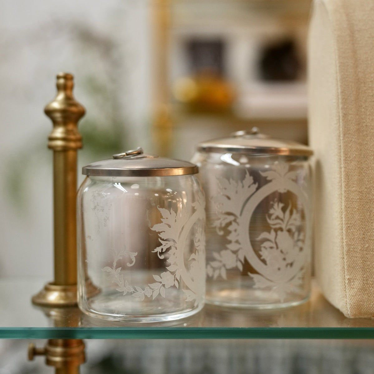 Vintage Etched Glass Apothecary Canisters with Lids — Set of 2 - Curated Home Decor