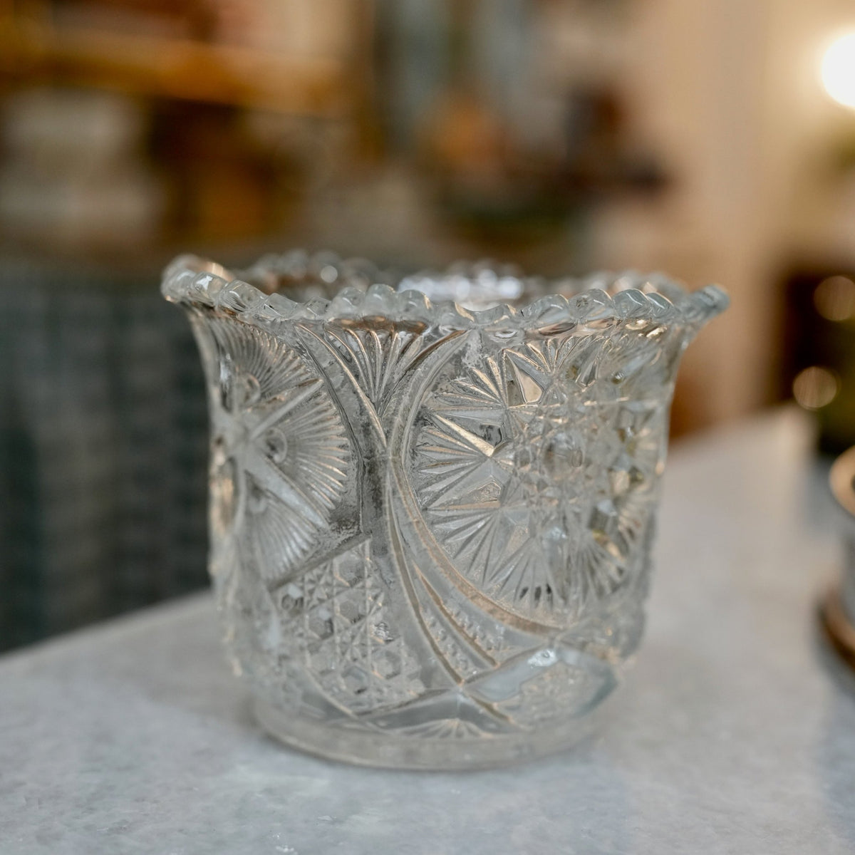 Vintage Pressed Glass Star-Pattern Spooner Vase with Scalloped Rim - Curated Home Decor