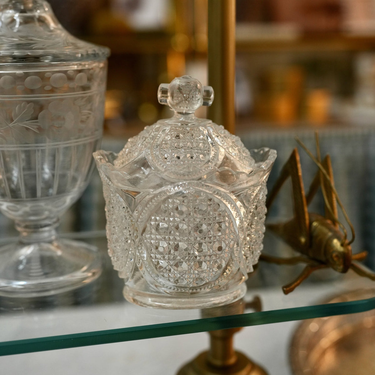 Vintage Pressed Glass Candy Dish with Diamond Medallions & Clover Knob Lid - Curated Home Decor