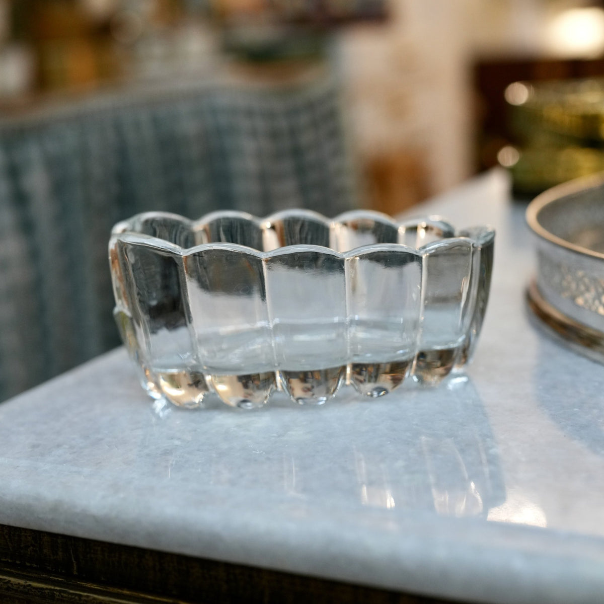 Vintage Heavy Scalloped Glass Dish with Notched Side - Curated Home Decor