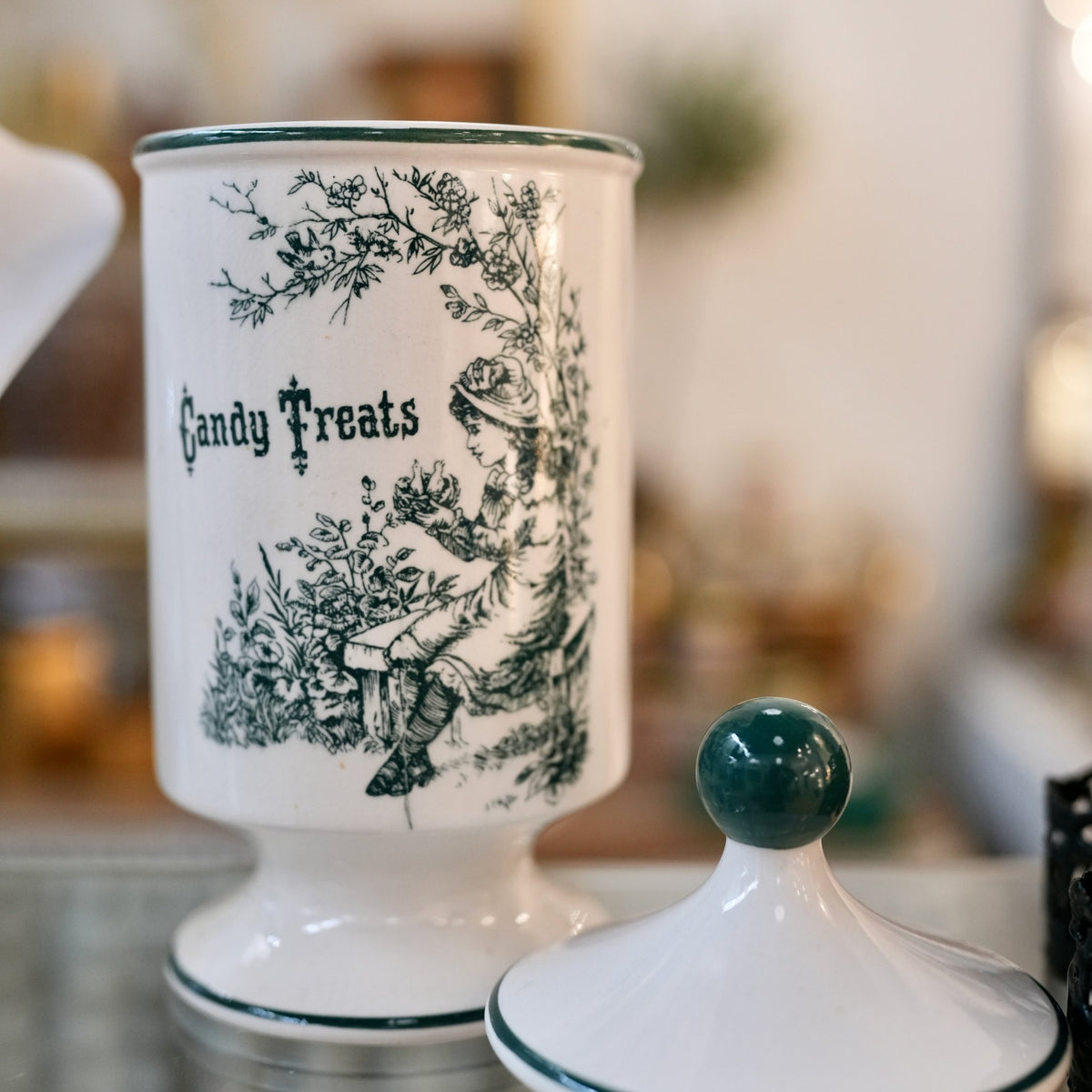 
                  
                    Vintage Candy Treats Ceramic Apothecary Jar with Green Toile-Style Print - Curated Home Decor
                  
                