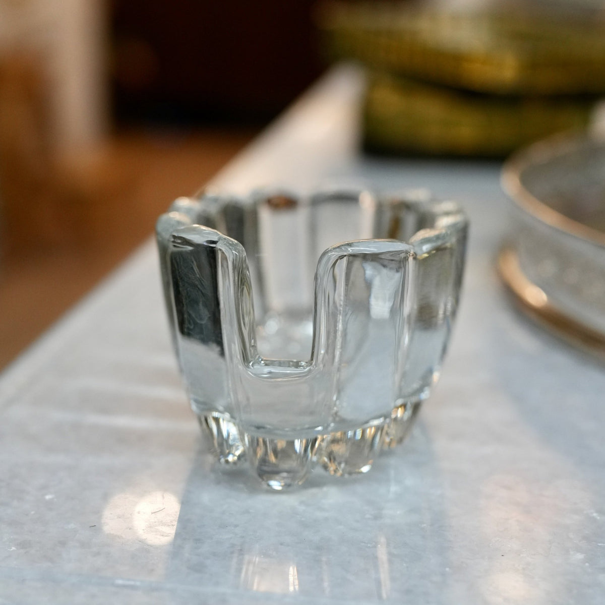 Vintage Heavy Scalloped Glass Dish with Notched Side - Curated Home Decor